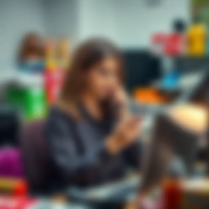 A worried woman in her 30s with brown hair sits at a cluttered desk, looking thoughtfully at her phone in a small office with dollar store items around her.