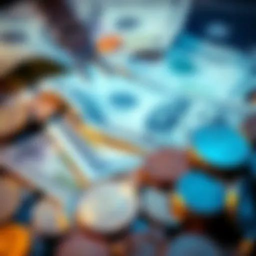 A close-up of a pile of dollar bills next to coins, showing the contrast between dollars and cents in a financial setting.