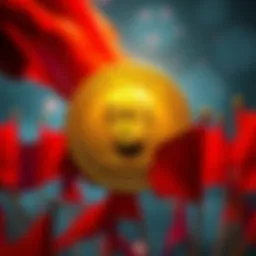 A graphic showing a coin with a Trump image, surrounded by red flags, indicating a warning about potential scams.