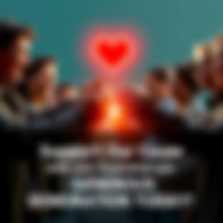 A group of diverse people holding hands together with a heart symbol above them, representing unity and support for a cause.