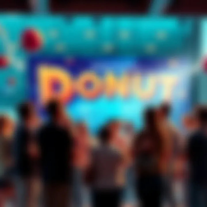 A group of people excitedly discussing predictions for the DONUT tournament, with a large banner displaying the tournament details in the background