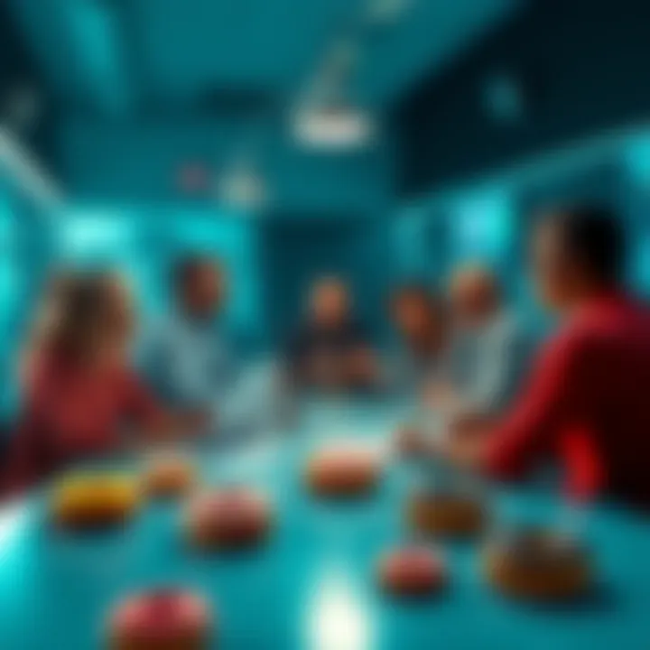 A lively chat scene with donuts and trading charts on the table, people engaged in discussions.