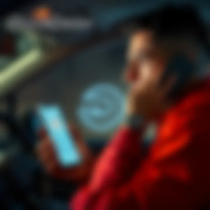 A DoorDash driver looks concerned while on a phone call, holding a smartphone displaying a suspicious caller ID. The background shows DoorDash branding elements.