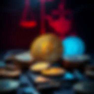 A visual representation of dormant Bitcoins facing legal threats, with coins in a shadowy environment surrounded by legal symbols