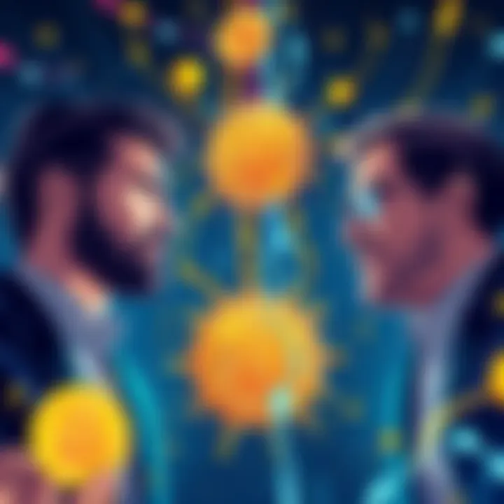 A conceptual illustration depicting the philosophical clash between Jack Dorsey and Michael Saylor regarding Bitcoin's future, symbolizing the debate over its role as a store of value versus a multifaceted asset.