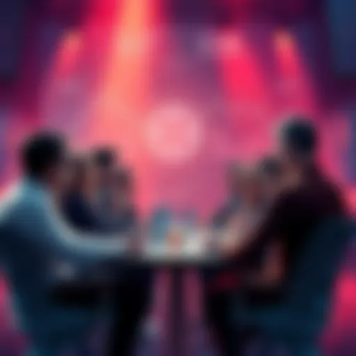 A group of experts discussing the valuation of Dot Coin, with charts showing its market cap and a contrasting lower figure. The atmosphere is tense as opinions vary.