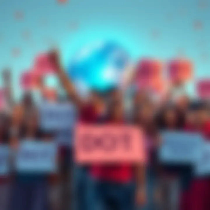 A group of diverse people celebrating with signs promoting DOT, symbolizing hope and change for a better future, with a globe in the background.