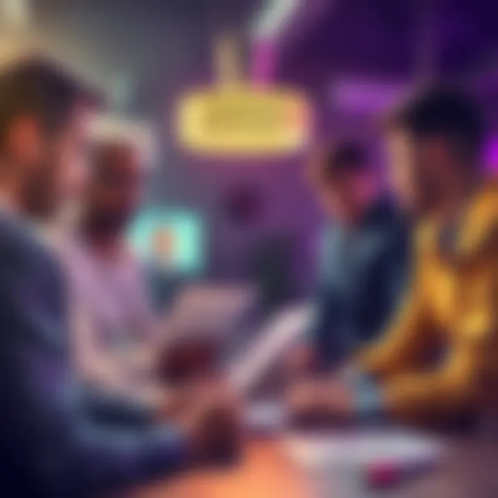 A group of investors discussing different strategies for managing DOT holdings, showing documents about aDOT and parachains on a table