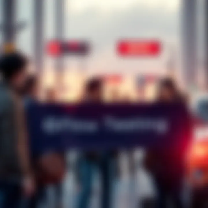 A group of people discussing transportation innovation with a banner announcing DOVU Flow testing