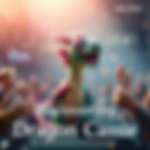 A colorful dragon named Cassie playfully interacting with a group of excited fans, surrounded by sparkles and whimsical elements.