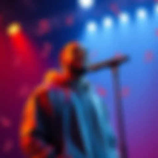 Drake Promoting New Album Drake standing with a microphone, surrounded by music notes and references to Polymarket and SBF.