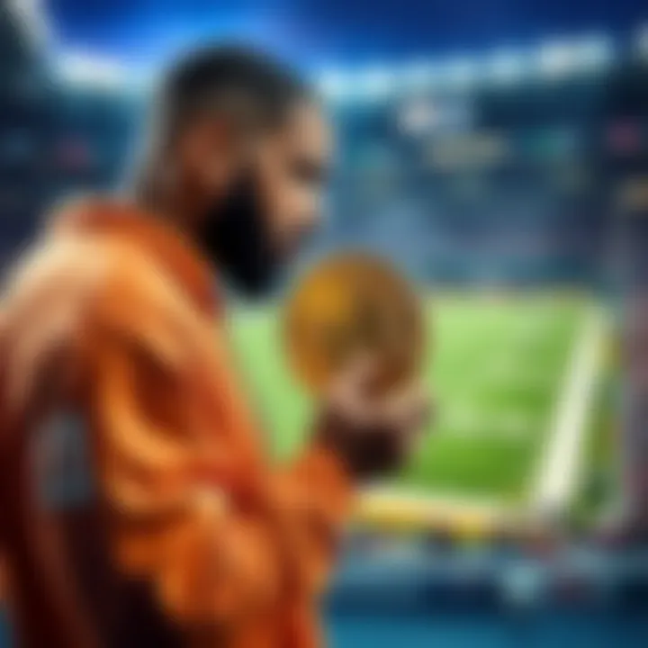 Drake holding a Bitcoin symbol while looking at a football field, representing his million dollar bet on the Patriots for Super Bowl LX