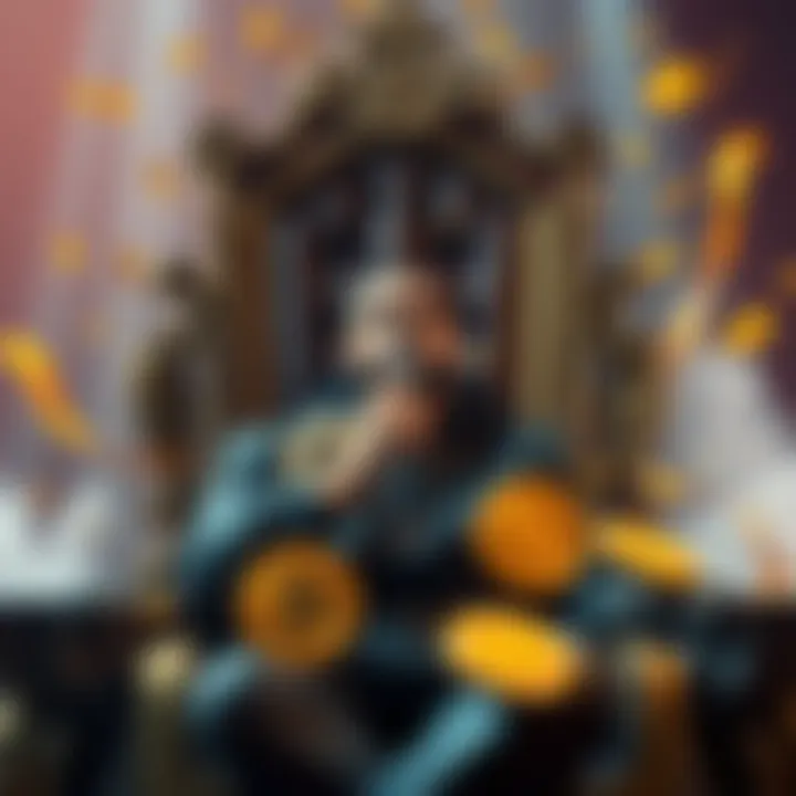 Drake sitting on a throne with Bitcoin symbols around him, reflecting on wealth and success
