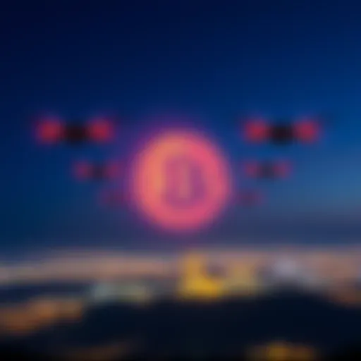 A vibrant display of drones forming the Bitcoin logo, with visuals resembling Pac-Man consuming fiat symbols in the night sky over Switzerland.
