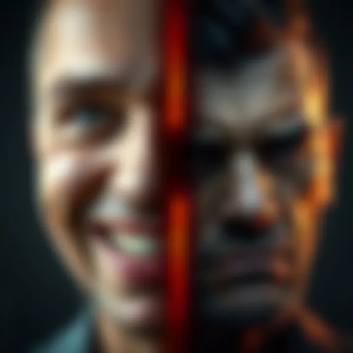 Two faces representing duality of man A split image showing contrasting human faces, one smiling and one frowning, symbolizing the dual nature of human behavior.