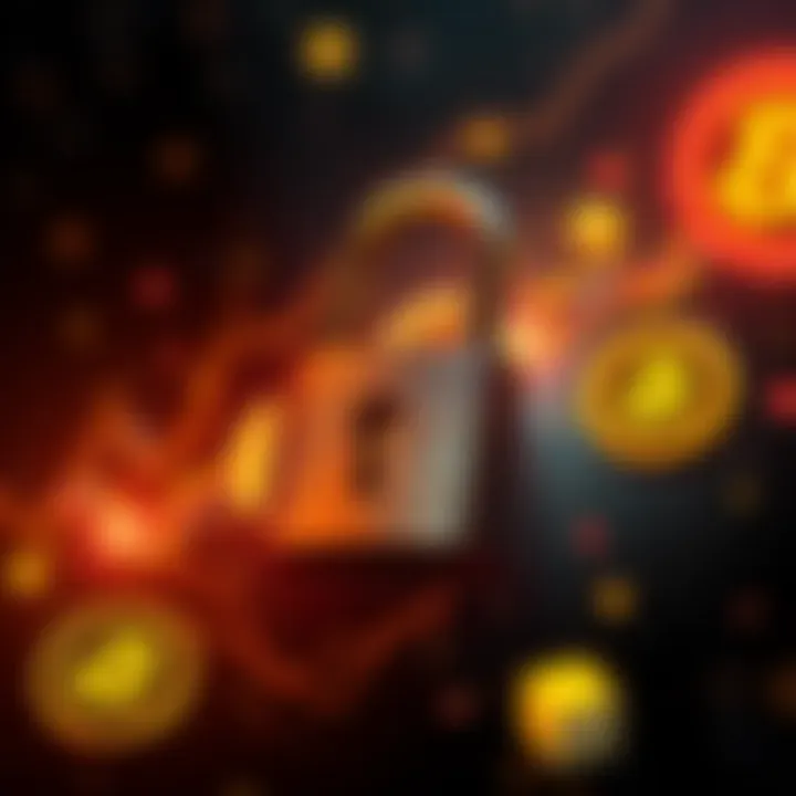 A visual representation of a duress wallet with a locked padlock and cryptocurrency symbols, showing security in digital assets.