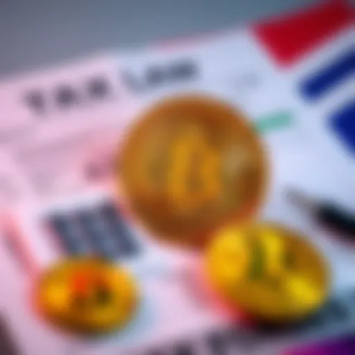 A visual representation of Bitcoin coins with a tax form and calculator, showing potential loss of profits due to new tax law in the Netherlands.