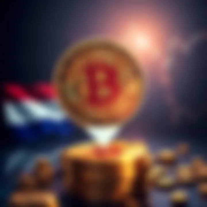 A graphic showing a Bitcoin symbol with a downward arrow symbolizing loss, alongside a silhouette of the Netherlands flag and financial charts, reflecting the tax implications on cryptocurrency invest...