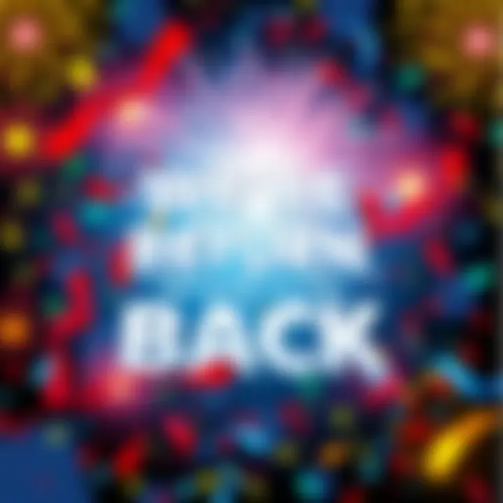A vibrant graphic featuring confetti and fireworks celebrating a return, with bold text saying 'We're Back!'