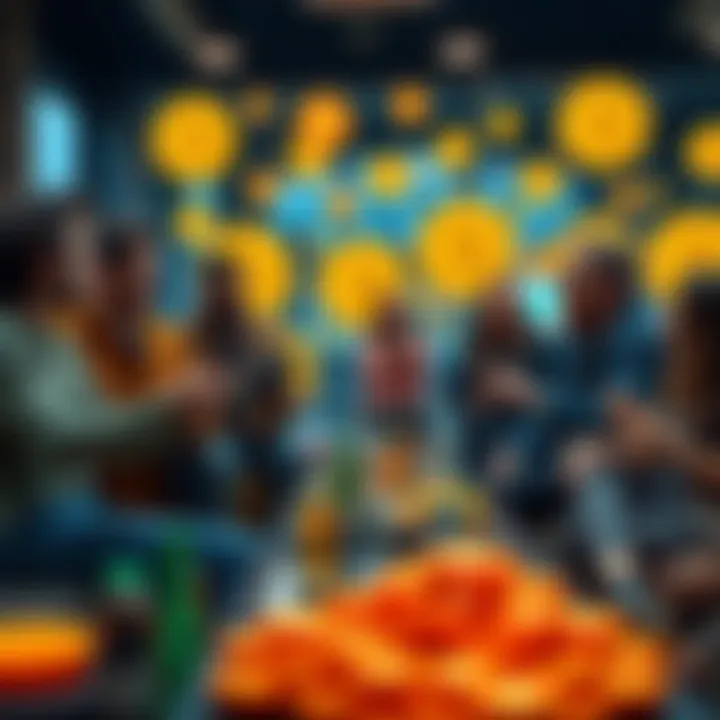 A group of diverse individuals sharing their Bitcoin investment stories in a casual setting, exchanging experiences and insights, with Bitcoin symbols in the background.