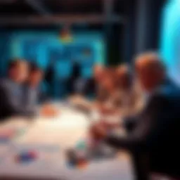 A diverse group of investors discussing emerging market trends around a table with charts and graphs.