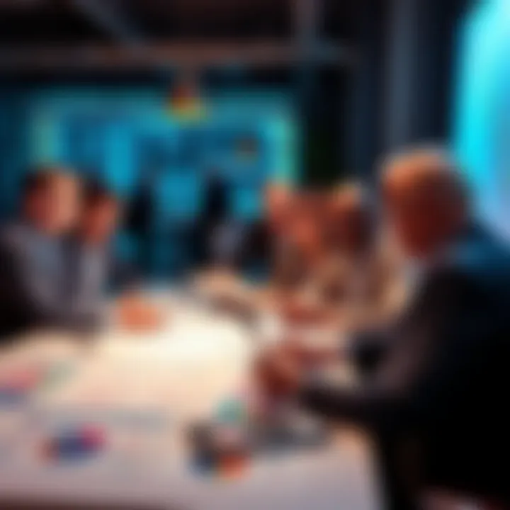 A diverse group of investors discussing emerging market trends around a table with charts and graphs.