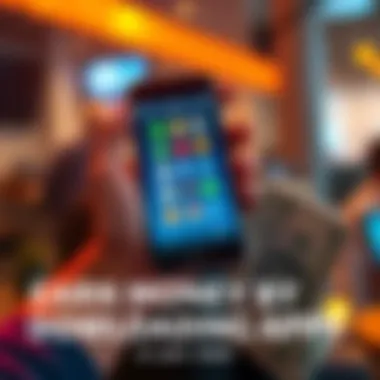 A person holding a smartphone displaying app icons, with cash in hand, representing the opportunity to earn money by downloading apps.