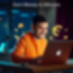A person smiling while using a laptop with money symbols around them, indicating a quick earning opportunity in the EU.
