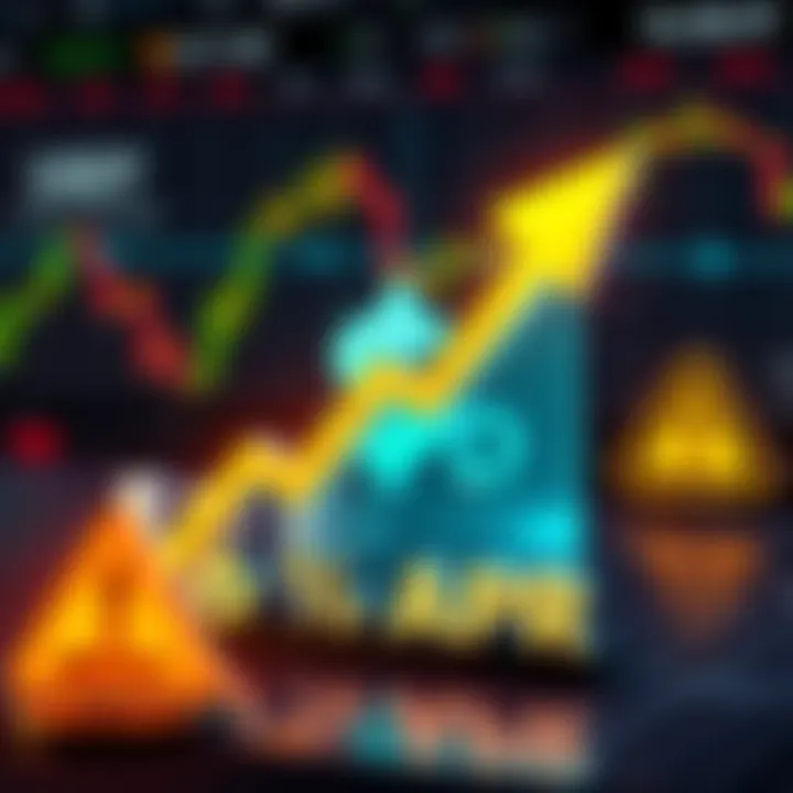 A graphic showing USDT symbol with a rising arrow and text indicating 6% APR, set against a background of financial graphs and caution signs during market downturns.