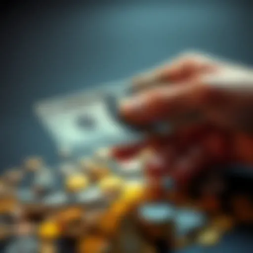 A hand holding a dollar bill with coins scattered around, symbolizing daily earnings.