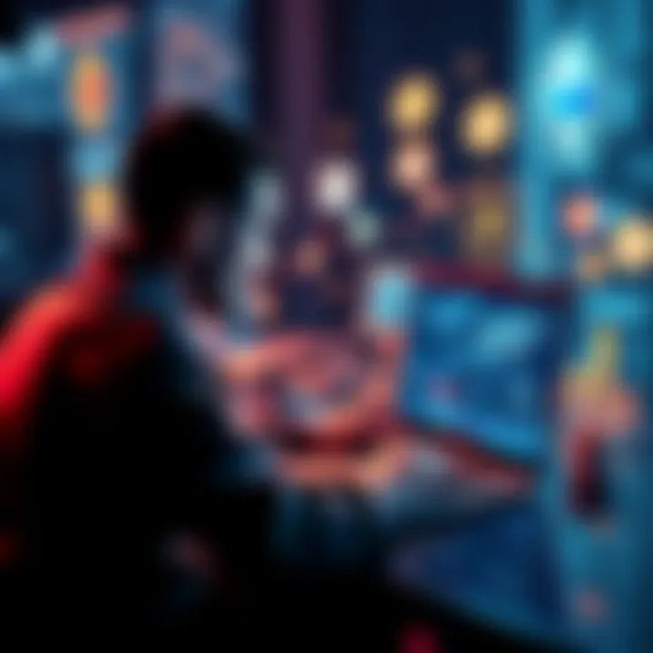 A person exploring various dApps and platforms to earn Ethereum on a laptop, surrounded by digital icons representing crypto