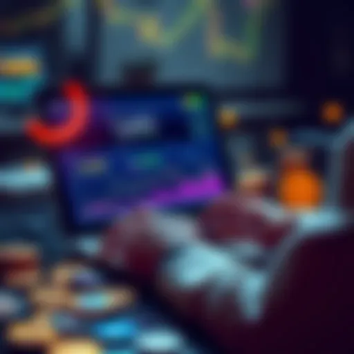 A person reviewing cryptocurrency on a laptop with graphs showing rising interest rates, surrounded by coins.