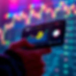 A person holding a smartphone displaying a cryptocurrency wallet while looking at falling market graphs, symbolizing interest earning during market dips.