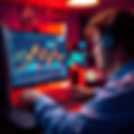 A person looking at a computer screen with graphs and stablecoin symbols, representing the process of earning interest through DeFi platforms.