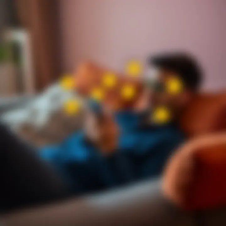 A person relaxing on a couch holding a smartphone with cryptocurrency symbols around, representing easy passive income in crypto.