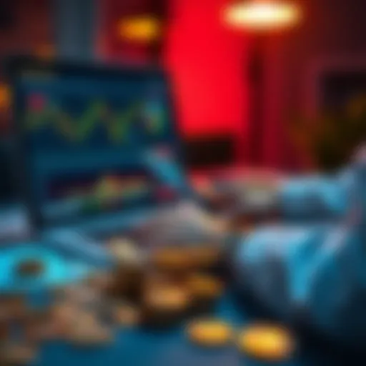 A person analyzing cryptocurrency charts on a laptop, with Binance logo visible, while coins are scattered on the table.