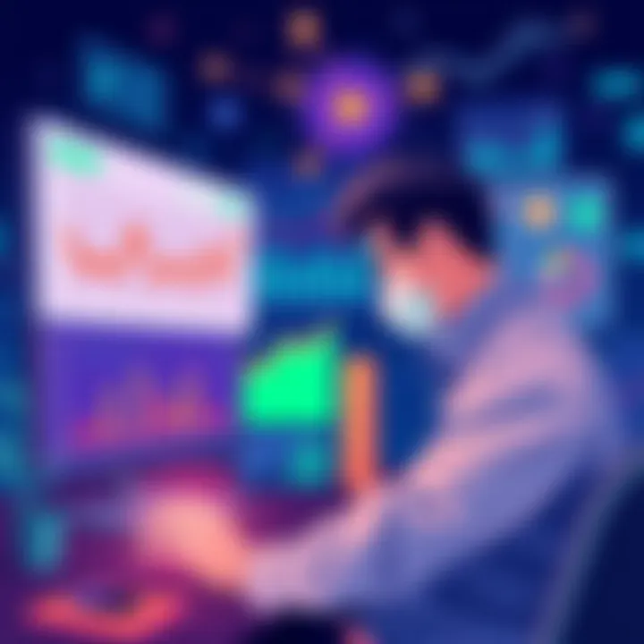 Illustration showing a person analyzing graphs and charts related to earning passive income on PulseChain through various methods like liquidity pools and yield farming