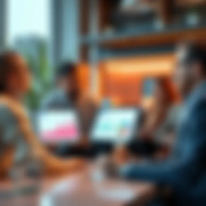 A group of people discusses strategies for earning money through liquidity pools in a casual meeting setting, with charts and graphs on a laptop screen.