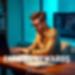 Earning Rewards A person sitting at a desk, filling out an online survey with a laptop and a notepad, looking focused on earning rewards.