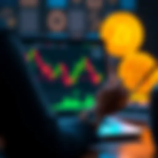 A person analyzing Bitcoin charts and considering different ways to earn without selling, with a laptop and Bitcoin logo in the background.