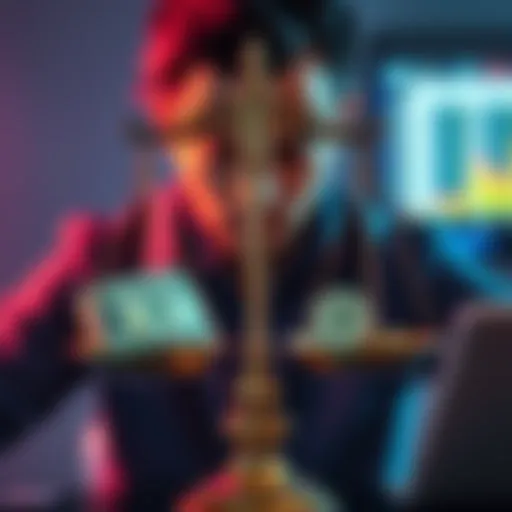 A person weighing options between Atlas Bucks and cash, with two scales showing money and digital currency.