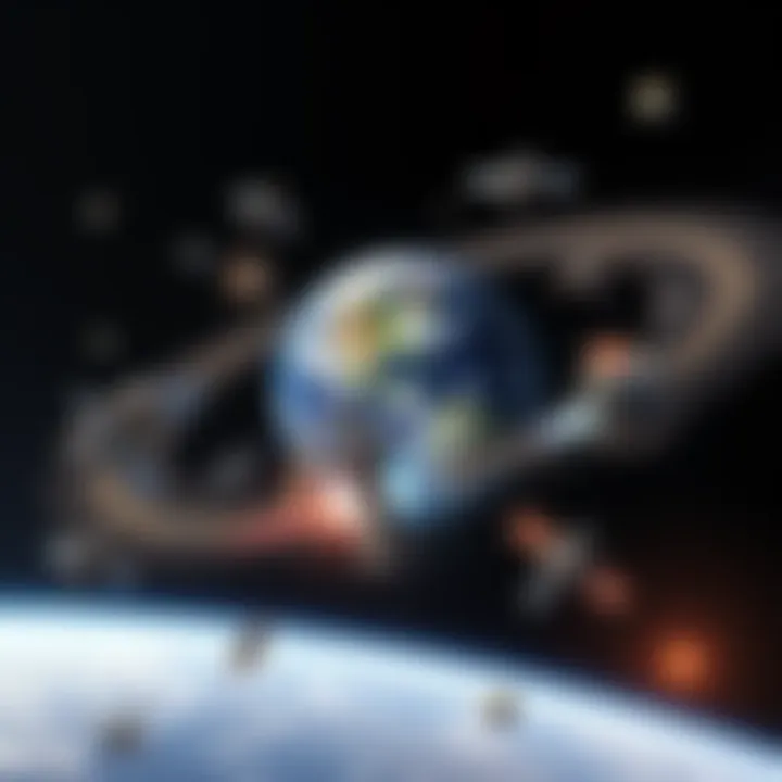 Exploring Earth's Fragile Orbit A striking depiction of Earth surrounded by various spacecraft, illustrating the tension between space exploration and orbital stability.