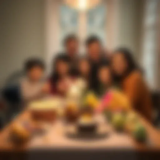 A joyful family gathered around a table filled with Easter treats and decorations, celebrating together.