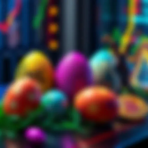 Colorful Easter eggs next to symbols of $ATOM, $NLS, and $OSMO coins on a festive table