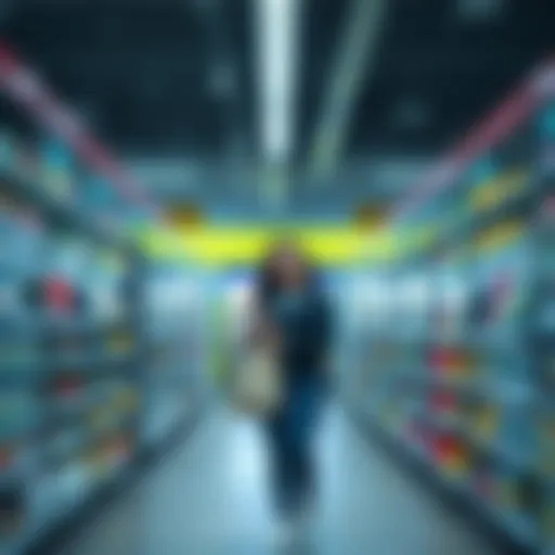 A person happily shopping in a bright store, holding a shopping bag filled with essentials. The store has organized shelves and clear signage for easy navigation.