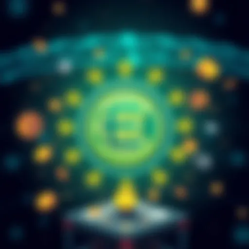 An illustration showing the European Central Bank logo surrounded by symbols of blockchain technology and fiat currency, representing the new strategy for transaction settlements.