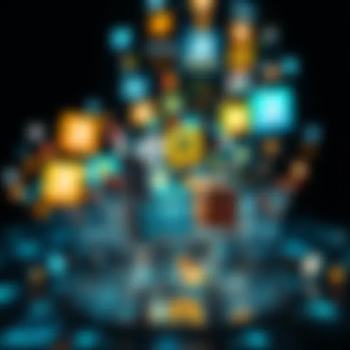 A visually striking depiction of e-commerce evolution, featuring iconic logos of Amazon and its competitors intertwined with shopping carts and digital devices.