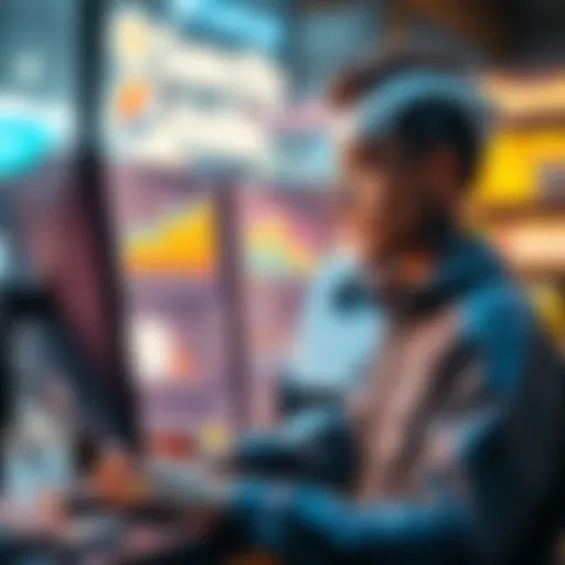 A small e-commerce owner looking at a computer screen showing graphs and payment options, symbolizing automation and cross-chain stablecoin payments with a robotic assistant