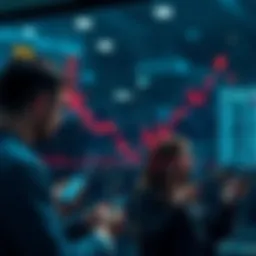 A graph showing a downward trend in the stock market with worried people looking at their phones.