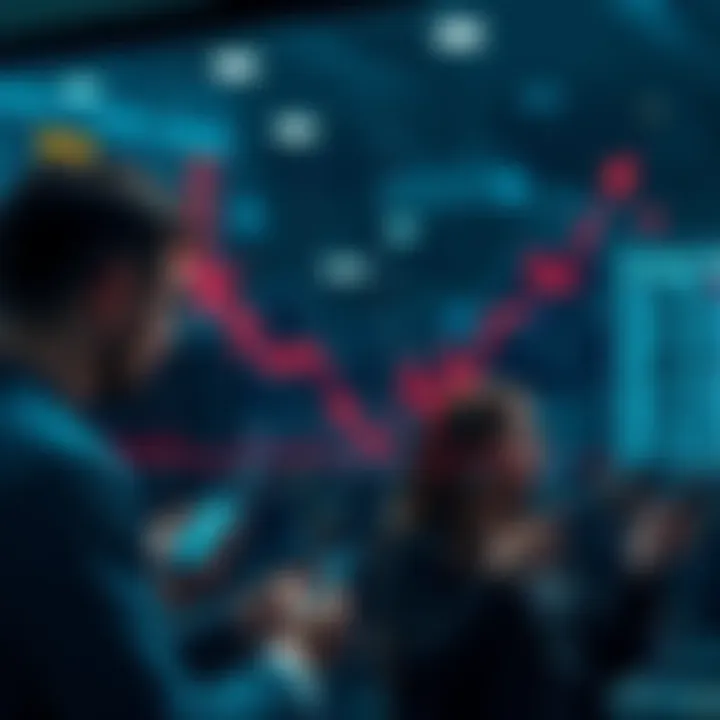 A graph showing a downward trend in the stock market with worried people looking at their phones.